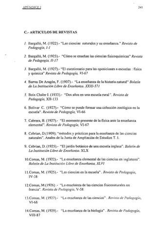 APÉNDICE 1                                                                     241




C.- ARTíCULOS DE REVISTAS


1. Bargalló, M. (1922).- “Las ciencias naturales y su enseñanza.” Revista de
   Pedagogía, 1-1

2. Bargalló, M. (1923).- “Cómo se enseñan las ciencias fisicoquímicas” Revista
   de Pedagogía, 11-17

3. Bargalló, M. (1927).- “El cuestionario para las oposiciones a escuelas : fisica
   y química” Revista de Pedagogía, VI-67

4. Barras De Aragón, F. (1907).- “La enseñanza de la historia natural” Boletín
   de La Institución Libre de Enseñanza. XXXI-571

5. Boix Chalen. (1933).- “Dos años en una escuelarural”. Revista de
   Pedagogía, XII- 133

6. Bolivar C. (1927).- “Cómo se puede formar una colección zoológica en la
   escuela”. Revista de Pedagogía, VI-66

7. Cabrera, B. (1927).- “El momento presente de la fisica ante la enseñanza
   elemental”. Revista de Pedagogía, VI-67

8. Cebrian, D.(1909); “métodos y prácticas para la enseñanza de las ciencias
   naturales”. Anales de la Junta de Ampliación de Estudios T. 1.

9. Cebrian, D. (1925).- “El jardín botánico de una escuela inglesa”. Boletín de
   La Institución Libre de Enseñanza. XLX

 l0.Comas, M. (1922).- “La enseñanza elemental de las ciencias en Inglaterra”.
    Boletín de La Institución Libre de Enseñanza, XLVI

 11 .Comas, M. (1925).- “Las ciencias en la escuela” . Revista de Pedagogía,
    IV-38

 12.Comas, M.(1926) .- “La enseñanza de las ciencias fisiconaturales en
   francia”. Revista de Pedagogía, V-58

 13.Comas, M. (1927).-   “La enseñanza de las ciencias”. Revista de Pedagogía,
   VI-68

 14.Comas, M. (1929).- “La enseñanza de la biología” Revista de Pedagogía,
                                                        .


   V¡I1-87
 