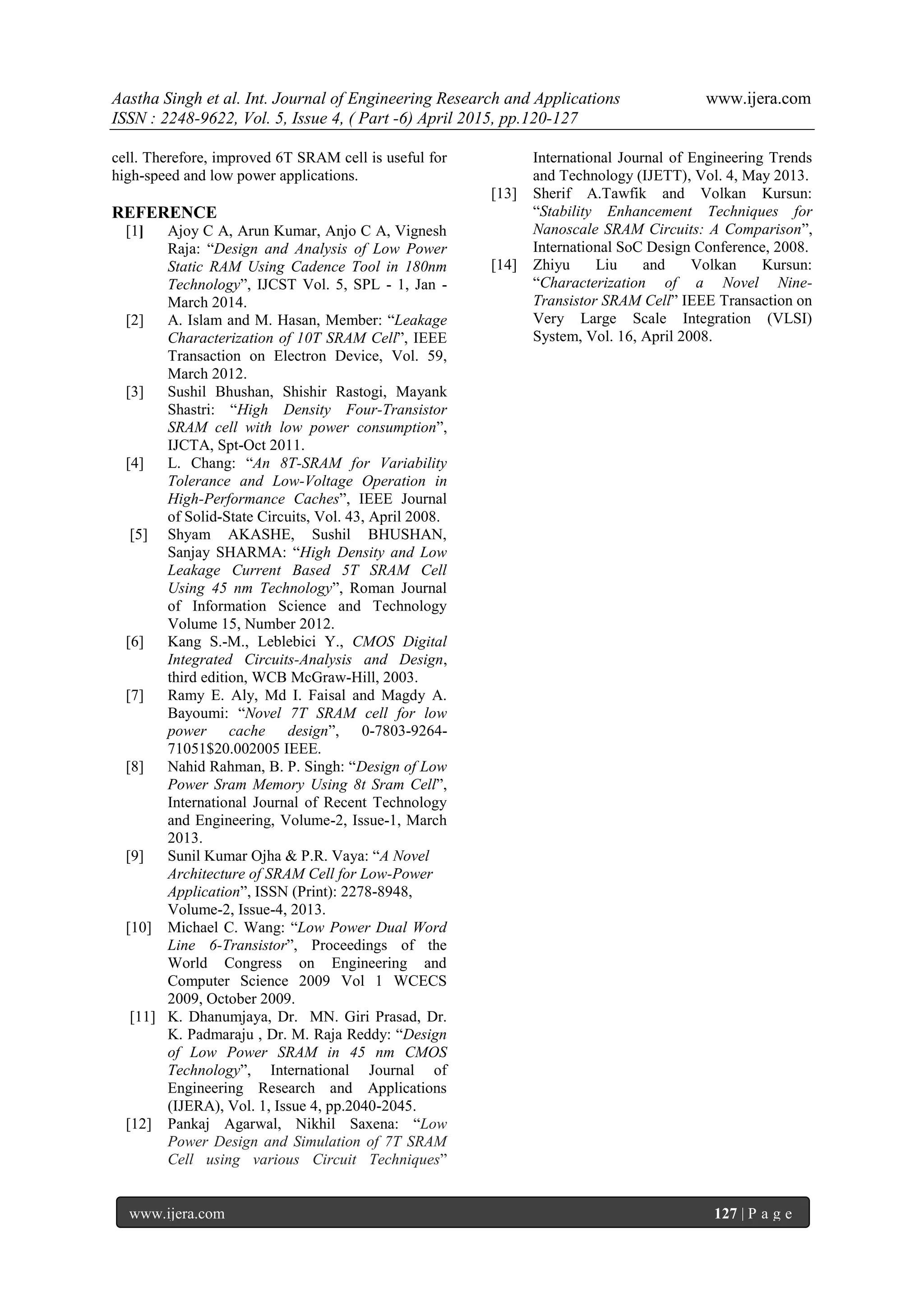 Aastha Singh et al. Int. Journal of Engineering Research and Applications www.ijera.com
ISSN : 2248-9622, Vol. 5, Issue 4, ( Part -6) April 2015, pp.120-127
www.ijera.com 127 | P a g e
cell. Therefore, improved 6T SRAM cell is useful for
high-speed and low power applications.
REFERENCE
[1] Ajoy C A, Arun Kumar, Anjo C A, Vignesh
Raja: “Design and Analysis of Low Power
Static RAM Using Cadence Tool in 180nm
Technology”, IJCST Vol. 5, SPL - 1, Jan -
March 2014.
[2] A. Islam and M. Hasan, Member: “Leakage
Characterization of 10T SRAM Cell”, IEEE
Transaction on Electron Device, Vol. 59,
March 2012.
[3] Sushil Bhushan, Shishir Rastogi, Mayank
Shastri: “High Density Four-Transistor
SRAM cell with low power consumption”,
IJCTA, Spt-Oct 2011.
[4] L. Chang: “An 8T-SRAM for Variability
Tolerance and Low-Voltage Operation in
High-Performance Caches”, IEEE Journal
of Solid-State Circuits, Vol. 43, April 2008.
[5] Shyam AKASHE, Sushil BHUSHAN,
Sanjay SHARMA: “High Density and Low
Leakage Current Based 5T SRAM Cell
Using 45 nm Technology”, Roman Journal
of Information Science and Technology
Volume 15, Number 2012.
[6] Kang S.-M., Leblebici Y., CMOS Digital
Integrated Circuits-Analysis and Design,
third edition, WCB McGraw-Hill, 2003.
[7] Ramy E. Aly, Md I. Faisal and Magdy A.
Bayoumi: “Novel 7T SRAM cell for low
power cache design”, 0-7803-9264-
71051$20.002005 IEEE.
[8] Nahid Rahman, B. P. Singh: “Design of Low
Power Sram Memory Using 8t Sram Cell”,
International Journal of Recent Technology
and Engineering, Volume-2, Issue-1, March
2013.
[9] Sunil Kumar Ojha & P.R. Vaya: “A Novel
Architecture of SRAM Cell for Low-Power
Application”, ISSN (Print): 2278-8948,
Volume-2, Issue-4, 2013.
[10] Michael C. Wang: “Low Power Dual Word
Line 6-Transistor”, Proceedings of the
World Congress on Engineering and
Computer Science 2009 Vol 1 WCECS
2009, October 2009.
[11] K. Dhanumjaya, Dr. MN. Giri Prasad, Dr.
K. Padmaraju , Dr. M. Raja Reddy: “Design
of Low Power SRAM in 45 nm CMOS
Technology”, International Journal of
Engineering Research and Applications
(IJERA), Vol. 1, Issue 4, pp.2040-2045.
[12] Pankaj Agarwal, Nikhil Saxena: “Low
Power Design and Simulation of 7T SRAM
Cell using various Circuit Techniques”
International Journal of Engineering Trends
and Technology (IJETT), Vol. 4, May 2013.
[13] Sherif A.Tawfik and Volkan Kursun:
“Stability Enhancement Techniques for
Nanoscale SRAM Circuits: A Comparison”,
International SoC Design Conference, 2008.
[14] Zhiyu Liu and Volkan Kursun:
“Characterization of a Novel Nine-
Transistor SRAM Cell” IEEE Transaction on
Very Large Scale Integration (VLSI)
System, Vol. 16, April 2008.
 