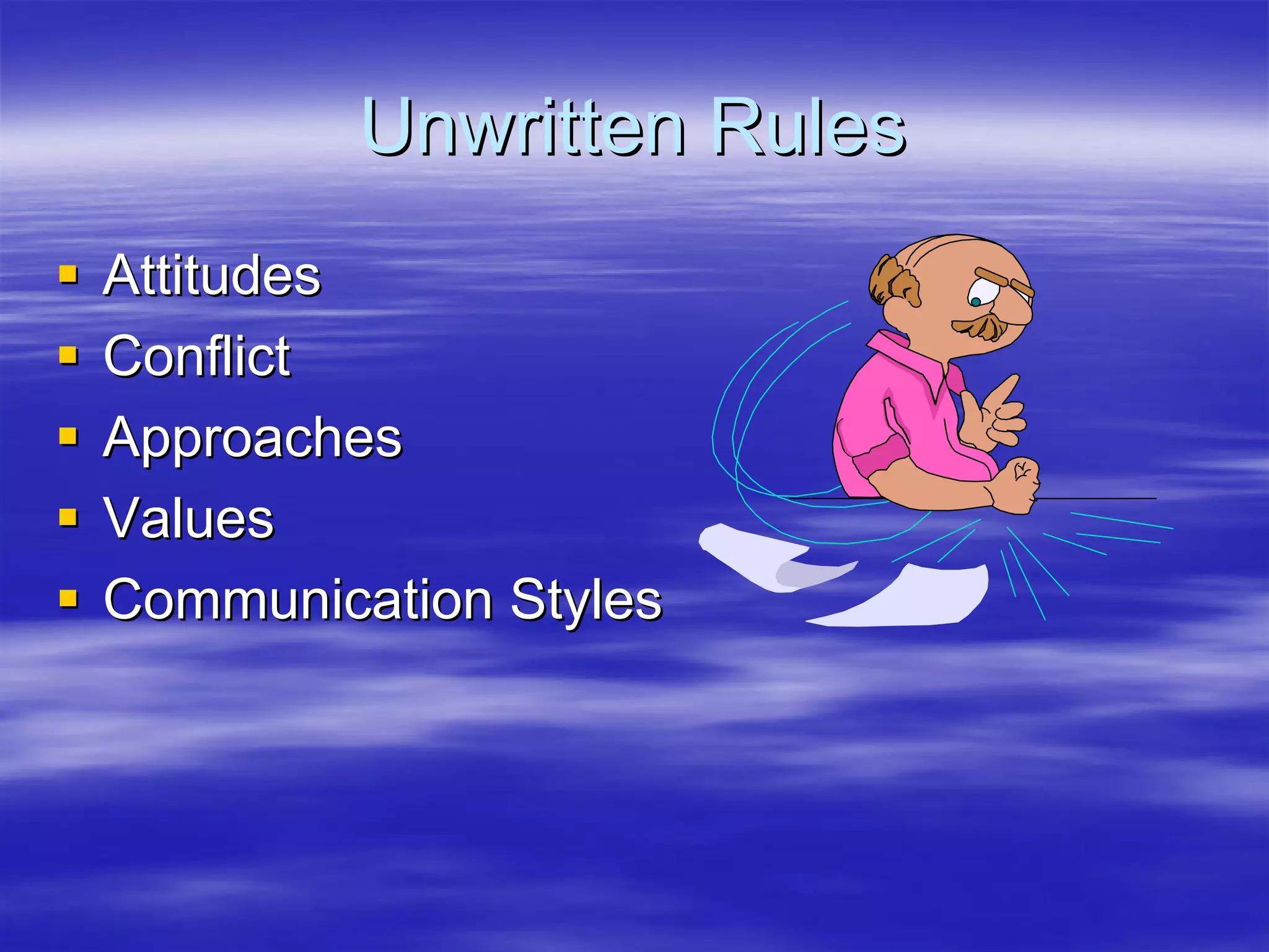 Unwritten Rules
Attitudes
Conflict
Approaches
Values
Communication Styles
 
