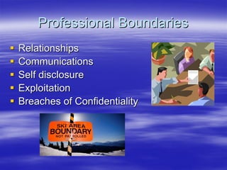 Professional Boundaries
Relationships
Communications
Self disclosure
Exploitation
Breaches of Confidentiality
 
