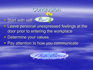 Conclusion
Start with self
Leave personal unexpressed feelings at the
door prior to entering the workplace
Determine your values
Pay attention to how you communicate
 