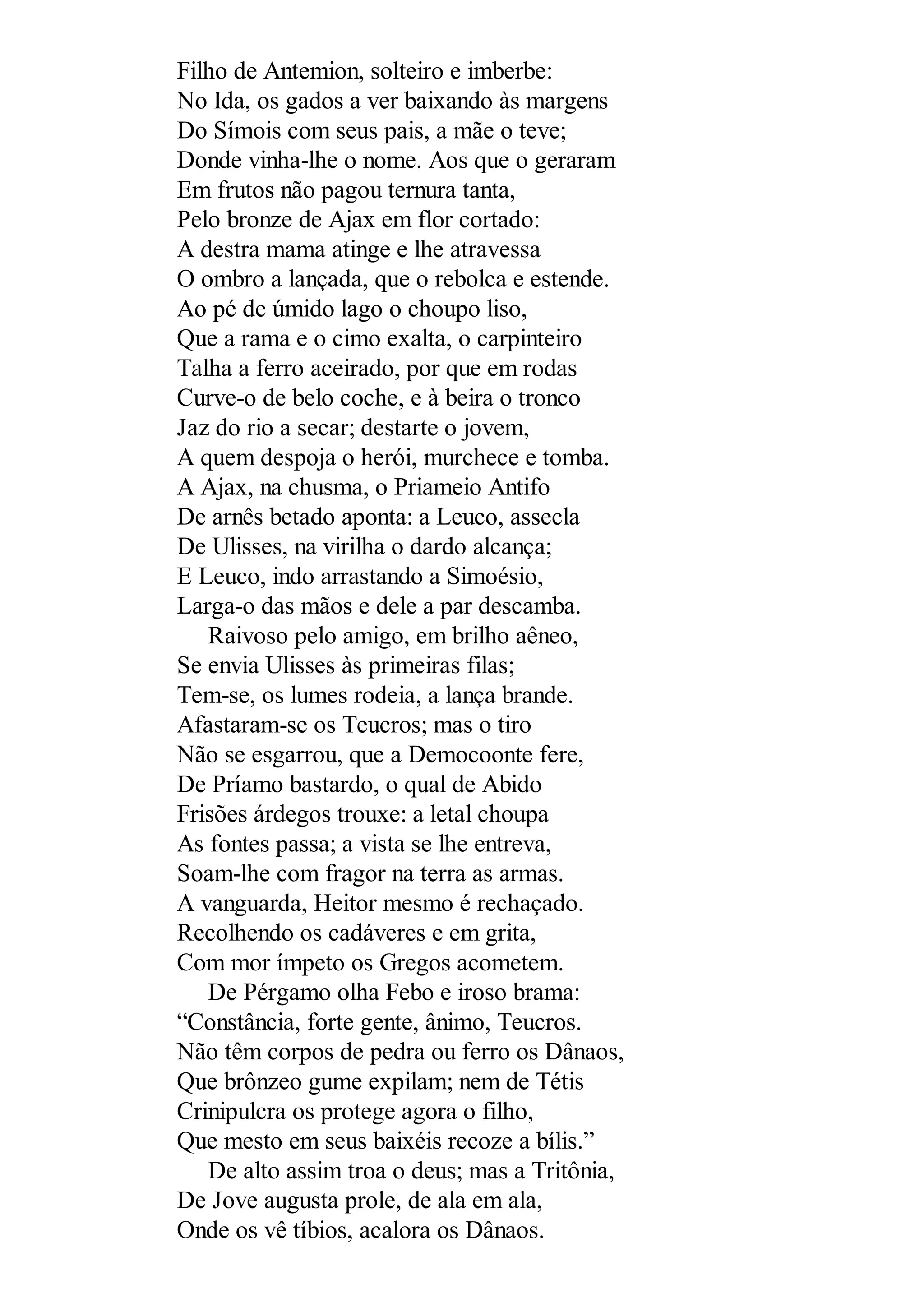 Filho de Antemion, solteiro e imberbe:
No Ida, os gados a ver baixando às margens
Do Símois com seus pais, a mãe o teve;
Donde vinha-lhe o nome. Aos que o geraram
Em frutos não pagou ternura tanta,
Pelo bronze de Ajax em flor cortado:
A destra mama atinge e lhe atravessa
O ombro a lançada, que o rebolca e estende.
Ao pé de úmido lago o choupo liso,
Que a rama e o cimo exalta, o carpinteiro
Talha a ferro aceirado, por que em rodas
Curve-o de belo coche, e à beira o tronco
Jaz do rio a secar; destarte o jovem,
A quem despoja o herói, murchece e tomba.
A Ajax, na chusma, o Priameio Antifo
De arnês betado aponta: a Leuco, assecla
De Ulisses, na virilha o dardo alcança;
E Leuco, indo arrastando a Simoésio,
Larga-o das mãos e dele a par descamba.
Raivoso pelo amigo, em brilho aêneo,
Se envia Ulisses às primeiras filas;
Tem-se, os lumes rodeia, a lança brande.
Afastaram-se os Teucros; mas o tiro
Não se esgarrou, que a Democoonte fere,
De Príamo bastardo, o qual de Abido
Frisões árdegos trouxe: a letal choupa
As fontes passa; a vista se lhe entreva,
Soam-lhe com fragor na terra as armas.
A vanguarda, Heitor mesmo é rechaçado.
Recolhendo os cadáveres e em grita,
Com mor ímpeto os Gregos acometem.
De Pérgamo olha Febo e iroso brama:
“Constância, forte gente, ânimo, Teucros.
Não têm corpos de pedra ou ferro os Dânaos,
Que brônzeo gume expilam; nem de Tétis
Crinipulcra os protege agora o filho,
Que mesto em seus baixéis recoze a bílis.”
De alto assim troa o deus; mas a Tritônia,
De Jove augusta prole, de ala em ala,
Onde os vê tíbios, acalora os Dânaos.
 
