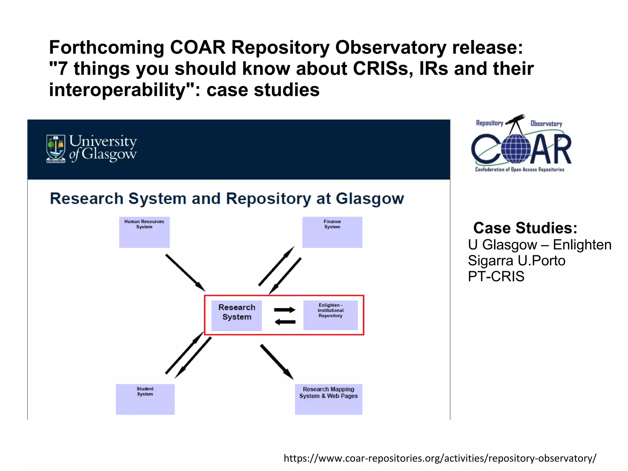 Forthcoming COAR Repository Observatory release:
"7 things you should know about CRISs, IRs and their
interoperability": case studies
Case Studies:
U Glasgow – Enlighten
Sigarra U.Porto
PT-CRIS
https://www.coar-repositories.org/activities/repository-observatory/