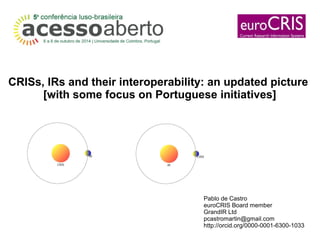 CRISs, IRs and their interoperability: an updated picture 
[with some focus on Portuguese initiatives] 
Pablo de Castro 
euroCRIS Board member 
GrandIR Ltd 
pcastromartin@gmail.com 
http://orcid.org/0000-0001-6300-1033 
 