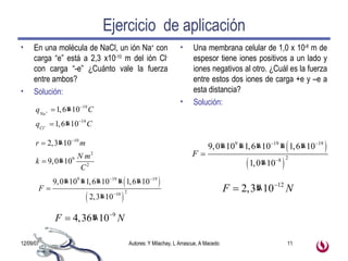 Ejercicio  de aplicación En una molécula de NaCl, un ión Na +  con carga “e” está a 2,3 x10 -10  m del ión Cl -  con carga “-e” ¿Cuánto vale la fuerza entre ambos? Solución: Una membrana celular de 1,0 x 10 -8  m de espesor tiene iones positivos a un lado y iones negativos al otro. ¿Cuál es la fuerza entre estos dos iones de carga +e y –e a esta distancia? Solución: 