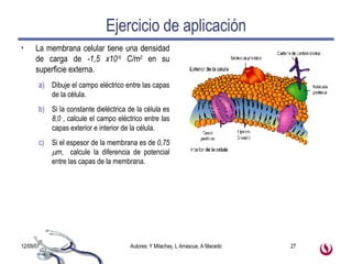 Ejercicio de aplicación La membrana celular tiene una densidad de carga de  -1,5 x10 -6  C/m 2  en su superficie externa.  Dibuje el campo eléctrico entre las capas de la célula. Si la constante dieléctrica de la célula es  8,0  , calcule el campo eléctrico entre las capas exterior e interior de la célula. Si el espesor de la membrana es de  0,75   m ,  calcule la diferencia de potencial entre las capas de la membrana. 