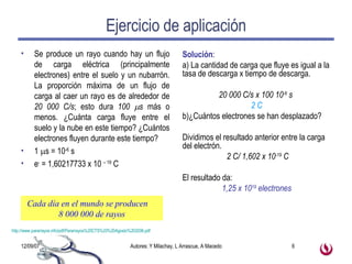 Ejercicio de aplicación Se produce un rayo cuando hay un flujo de carga eléctrica (principalmente electrones) entre el suelo y un nubarrón. La proporción máxima de un flujo de carga al caer un rayo es de alrededor de  20 000 C/s ; esto dura  100   s  más o menos. ¿Cuánta carga fluye entre el suelo y la nube en este tiempo? ¿Cuántos electrones fluyen durante este tiempo? 1  s = 10 -6  s e -  = 1,60217733 x 10  – 19  C Solución : a) La cantidad de carga que fluye es igual a la tasa de descarga x tiempo de descarga. 20 000 C/s x 100 10 -6  s  2 C b)¿Cuántos electrones se han desplazado? Dividimos el resultado anterior entre la carga del electrón. 2 C/ 1,602 x 10 -19  C El resultado da:  1,25 x 10 19  electrones Cada día en el mundo se producen  8 000 000 de rayos http://www.pararrayos.info/pdf/Pararrayos%20CTS%20%20Agosto%202006.pdf   