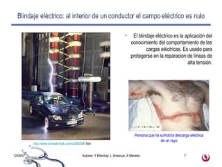 Blindaje eléctrico: al interior de un conductor el campo eléctrico es nulo El blindaje eléctrico es la aplicación del conocimiento del comportamiento de las cargas eléctricas. Es usado para protegerse en la reparación de líneas de alta tensión. http:// www.schwab -kolb.com/dc000096. htm   Persona que ha sufrido la descarga eléctrica de un rayo 