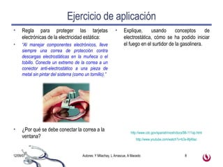 Ejercicio de aplicación Explique, usando conceptos de electrostática, cómo se ha podido iniciar el fuego en el surtidor de la gasolinera. Regla para proteger las tarjetas electrónicas de la electricidad estática: “ Al manejar componentes electrónicos, lleve siempre una correa de protección contra descargas electrostáticas en la muñeca o el tobillo. Conecte un extremo de la correa a un conector anti-electrostático a una pieza de metal sin pintar del sistema (como un tornillo).” ¿Por qué se debe conectar la correa a la ventana? http://www.cdc.gov/spanish/niosh/docs/98-111sp.html   http://www.youtube.com/watch?v=b3x-8tj49ac   