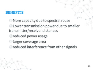BENEFITS
◎More capacity due to spectral reuse
◎Lower transmission power due to smaller
transmitter/receiver distances
◎reduced power usage
◎larger coverage area
◎reduced interference from other signals
25
 