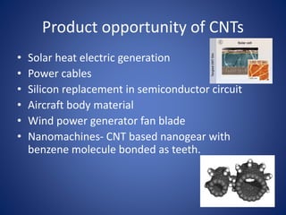 Product opportunity of CNTs 
• Solar heat electric generation 
• Power cables 
• Silicon replacement in semiconductor circuit 
• Aircraft body material 
• Wind power generator fan blade 
• Nanomachines- CNT based nanogear with 
benzene molecule bonded as teeth. 
 