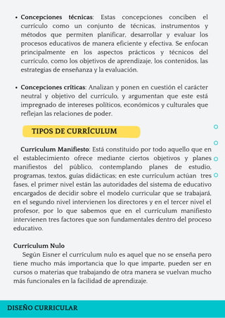DISEÑO CURRICULAR
Concepciones técnicas: Estas concepciones conciben el
currículo como un conjunto de técnicas, instrumentos y
métodos que permiten planificar, desarrollar y evaluar los
procesos educativos de manera eficiente y efectiva. Se enfocan
principalmente en los aspectos prácticos y técnicos del
currículo, como los objetivos de aprendizaje, los contenidos, las
estrategias de enseñanza y la evaluación.
Concepciones críticas: Analizan y ponen en cuestión el carácter
neutral y objetivo del currículo, y argumentan que este está
impregnado de intereses políticos, económicos y culturales que
reflejan las relaciones de poder.
TIPOS DE CURRÍCULUM
Currículum Manifiesto: Está constituido por todo aquello que en
el establecimiento ofrece mediante ciertos objetivos y planes
manifiestos del público, contemplando planes de estudio,
programas, textos, guías didácticas; en este currículum actúan tres
fases, el primer nivel están las autoridades del sistema de educativo
encargados de decidir sobre el modelo curricular que se trabajará,
en el segundo nivel intervienen los directores y en el tercer nivel el
profesor, por lo que sabemos que en el currículum manifiesto
intervienen tres factores que son fundamentales dentro del proceso
educativo.
Currículum Nulo
Según Eisner el currículum nulo es aquel que no se enseña pero
tiene mucho más importancia que lo que imparte, pueden ser en
cursos o materias que trabajando de otra manera se vuelvan mucho
más funcionales en la facilidad de aprendizaje.
 