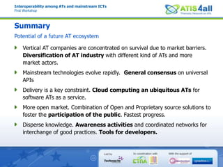 Interoperability among ATs and mainstream ICTsFirst WorkshopSummaryTechnical TrendsPresent	Installation of ATs from different vendors  (niche) in mainstream technologies (PCs, ATMs, etc.)Present	Integration of ATs in OS or browsers  (built-in/embedded accessibility)Short-term	Usage of the same API for facilitating interaction of ATs with a specific system. Accessibility API independent of platform updates.Medium-term	Interoperability of ATs in different systems by a Universal Accessibility API.  	(Specific examples of accessibility APIs: Microsoft's UIA, Java Accessibility API, GNOME accessibility API, IAccessible2, W3C's WAI-ARIA, , Macintosh Accessibility Framework.)Long-term	Ubiquitous access to software ATs as a service.	Cloud of ATs 