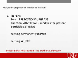 Prepositional Phrases from The Brothers Karamazov
1. in Paris
Form: PREPOSTIONAL PHRASE
Function: ADVERBIAL - modifies the present
participle SETTLING
settling permanently in Paris
settling WHERE
Analyze the prepositional phrases for function:
 