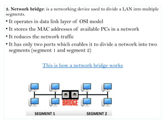 3. Network bridge: is a networking device used to divide a LAN into multiple
segments.
• It operates in data link layer of OSI model
• It stores the MAC addresses of available PCs in a network
• It reduces the network traffic
• It has only two ports which enables it to divide a network into two
segments (segment 1 and segment 2)
This is how a network bridge works
 