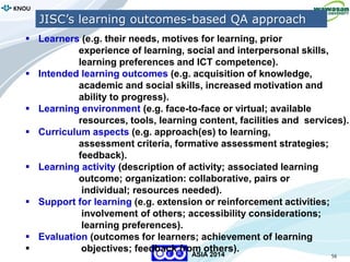 56
KNOU
ASIA 2014
 Learners (e.g. their needs, motives for learning, prior
experience of learning, social and interpersonal skills,
learning preferences and ICT competence).
 Intended learning outcomes (e.g. acquisition of knowledge,
academic and social skills, increased motivation and
ability to progress).
 Learning environment (e.g. face-to-face or virtual; available
resources, tools, learning content, facilities and services).
 Curriculum aspects (e.g. approach(es) to learning,
assessment criteria, formative assessment strategies;
feedback).
 Learning activity (description of activity; associated learning
outcome; organization: collaborative, pairs or
individual; resources needed).
 Support for learning (e.g. extension or reinforcement activities;
involvement of others; accessibility considerations;
learning preferences).
 Evaluation (outcomes for learners; achievement of learning
 objectives; feedback from others).
JISC’s learning outcomes-based QA approach
 