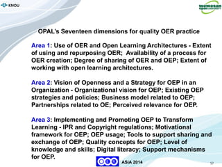 57
KNOU
ASIA 2014
OPAL’s Seventeen dimensions for quality OER practice
Area 1: Use of OER and Open Learning Architectures - Extent
of using and repurposing OER; Availability of a process for
OER creation; Degree of sharing of OER and OEP; Extent of
working with open learning architectures.
Area 2: Vision of Openness and a Strategy for OEP in an
Organization - Organizational vision for OEP; Existing OEP
strategies and policies; Business model related to OEP;
Partnerships related to OE; Perceived relevance for OEP.
Area 3: Implementing and Promoting OEP to Transform
Learning - IPR and Copyright regulations; Motivational
framework for OEP; OEP usage; Tools to support sharing and
exchange of OEP; Quality concepts for OEP; Level of
knowledge and skills; Digital literacy; Support mechanisms
for OEP.
 