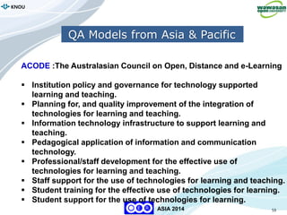 59
KNOU
ASIA 2014
QA Models from Asia & Pacific
ACODE :The Australasian Council on Open, Distance and e-Learning
 Institution policy and governance for technology supported
learning and teaching.
 Planning for, and quality improvement of the integration of
technologies for learning and teaching.
 Information technology infrastructure to support learning and
teaching.
 Pedagogical application of information and communication
technology.
 Professional/staff development for the effective use of
technologies for learning and teaching.
 Staff support for the use of technologies for learning and teaching.
 Student training for the effective use of technologies for learning.
 Student support for the use of technologies for learning.
 