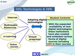 7
KNOU
ASIA 2014
ODL Technologies & OER
Internet
Multimedia
Resources
e-Learning Virtual
programs
Online
courses
Adopting digital
technologies
 With the expanded
availability of new
digital technologies,
these institutions
have also created
and embeded various
forms of digital
sources including
OER in their courses
Student Contents
 
