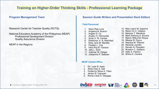 20
🔥 Training on Higher-Order Thinking Skills PLP 20
Training on Higher-Order Thinking Skills - Professional Learning Package
Program Management Team
Research Center for Teacher Quality (RCTQ)
National Educators Academy of the Philippines (NEAP)
Professional Development Division
Quality Assurance Division
NEAP in the Regions
Session Guide Writers and Presentation Deck Editors
Field Personnel
1. Alson Rae Luna
2. Angelica B. Buaron
3. Angelo D. Uy
4. Analou O. Hermocilla
5. Arnel Jr. M. Camba
6. Eldefonso Jr. B. Natividad
7. Elsie Jane M. Mantilla
8. Fluellen L. Cos
9. Hera Paz B. Yamson
10. Jelly L. Sore
11. Jojiemar M. Obligar
12. Josephine P. Balasan
13. Mae Laarni M. Saporna
14. Marie Vic C. Velasco
15. Maripaz T. Mendoza
16. Mark Anthony A. Durana
17. Melvin Willy II B. Roque
18. Milaner R. Oyo-a
19. Rejulios M. Villenes
20. Renante Juanillo
21. Renato N. Pacpakin
22. Rosalyn C. Gadiano
23. Sally A. Palomo
24. Wilma S. Carrera
NEAP Central Office
1. Dir. Leah B. Apao
2. Abdul Haiy A. Sali
3. Guillermo Nikus A. Telan
4. Jerson R. Capuyan
5. Richie Carla A. Vesagas
 