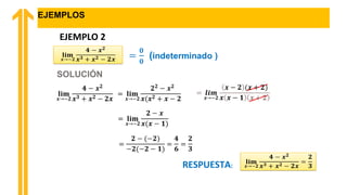 EJEMPLOS
EJEMPLO 2
SOLUCIÓN
RESPUESTA:
= 𝒍𝒊𝒎
𝒙→−𝟐
𝒙 − 𝟐 (𝒙 + 𝟐)
𝒙 𝒙 − 𝟏 𝒙 + 𝟐
 