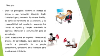 Ventajas
• Entre sus principales objetivos se destaca el
acceso a una formación diferente desde
cualquier lugar y momento de manera flexible,
así como un incremento de la autonomía y la
responsabilidad del estudiante, superando los
límites de espacio y tiempo, ofreciendo la
oportuna interacción y comunicación para el
aprendizaje.
• coloca al estudiante en un punto central en el
proceso de aprendizaje, cuyo objetivo es la
creación y generación de su propio
conocimiento, que le sirva en su formación para
la vida y para el trabajo.
 