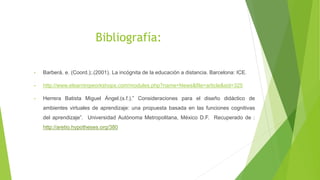 Bibliografía:
• Barberá, e. (Coord.);.(2001). La incógnita de la educación a distancia. Barcelona: ICE.
• http://www.elearningworkshops.com/modules.php?name=News&file=article&sid=325
• Herrera Batista Miguel Ángel.(s.f.).” Consideraciones para el diseño didáctico de
ambientes virtuales de aprendizaje: una propuesta basada en las funciones cognitivas
del aprendizaje”. Universidad Autónoma Metropolitana, México D.F. Recuperado de :
http://aretio.hypotheses.org/380
 