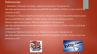 Referencias:
1.-Necesidad y Desarrollo Tecnológico. Maestría en Educación. Recuperado de
http://etac.clientes.tralcom.com/tc-etac/cursos/MODELOS_DISENO_C/U5/S5_01.html, el día 29 de
diciembre de 2015.
2.-Educación a Distancia. Maestría en Educación. Recuperado de http://etac.clientes.tralcom.com/tc-
etac/cursos/MODELOS_DISENO_C/U5/S5_02.html, el día 29 de diciembre de 2015
Relación maestro-alumno-grupo. Maestría en Educación. Recuperado de
http://etac.clientes.tralcom.com/tc-etac/cursos/MODELOS_DISENO_C/U5/S5_03.html, el día 30 de
diciembre de 2015
3.-Planeación Didáctica e Instrumentación. Maestría en Educación. Recuperado de
http://etac.clientes.tralcom.com/tc-etac/cursos/MODELOS_DISENO_C/U5/S5_04.html, el día 31 de
diciembre de 2015
 