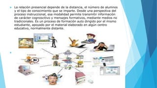  La relación presencial depende de la distancia, el número de alumnos
y el tipo de conocimiento que se imparte. Desde una perspectiva del
proceso instruccional, esa modalidad permite transmitir información
de carácter cognoscitivo y mensajes formativos, mediante medios no
tradicionales. Es un proceso de formación auto dirigido por el mismo
estudiante, apoyado por el material elaborado en algún centro
educativo, normalmente distante.

 