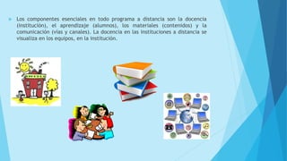  Los componentes esenciales en todo programa a distancia son la docencia
(institución), el aprendizaje (alumnos), los materiales (contenidos) y la
comunicación (vías y canales). La docencia en las instituciones a distancia se
visualiza en los equipos, en la institución.
 