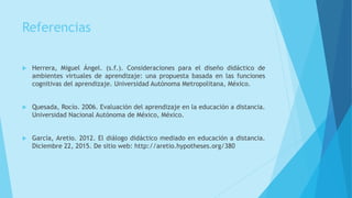 Referencias
 Herrera, Miguel Ángel. (s.f.). Consideraciones para el diseño didáctico de
ambientes virtuales de aprendizaje: una propuesta basada en las funciones
cognitivas del aprendizaje. Universidad Autónoma Metropolitana, México.
 Quesada, Rocío. 2006. Evaluación del aprendizaje en la educación a distancia.
Universidad Nacional Autónoma de México, México.
 García, Aretio. 2012. El diálogo didáctico mediado en educación a distancia.
Diciembre 22, 2015. De sitio web: http://aretio.hypotheses.org/380
 