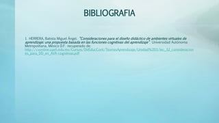 BIBLIOGRAFIA
1. HERRERA, Batista Miguel Ángel. “Consideraciones para el diseño didáctico de ambientes virtuales de
aprendizaje: una propuesta basada en las funciones cognitivas del aprendizaje”. Universidad Autónoma
Metropolitana, México D.F. recuperado de:
http://cvonline.uaeh.edu.mx/Cursos/DirEducCont/TeoriasAprendizaje/Unidad%203/lec_32_consideracion
es_para_DD_en_AVA-cognitivas.pdf
 