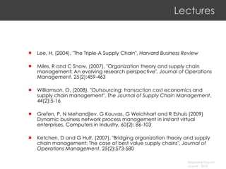 Lectures Lee, H, (2004), "The Triple-A Supply Chain",  Harvard Business Review Miles, R and C Snow, (2007), "Organization theory and supply chain management: An evolving research perspective",  Journal of Operations Management , 25(2):459-463 Williamson, O, (2008), "Outsourcing: transaction cost economics and supply chain management",  The Journal of Supply Chain Management , 44(2):5-16  Grefen, P, N Mehandjiev, G Kouvas, G Weichhart and R Eshuis (2009) Dynamic business network process management in instant virtual enterprises, Computers in Industry, 60(2): 86-103 Ketchen, D and G Hult, (2007), "Bridging organization theory and supply chain management: The case of best value supply chains",  Journal of Operations Management , 25(2):573-580 