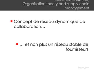 Miles, R and C Snow, (2007) Organization theory and supply chain management Concept de réseau dynamique de collaboration …  …  e t non plus un réseau stable de fournisseurs 