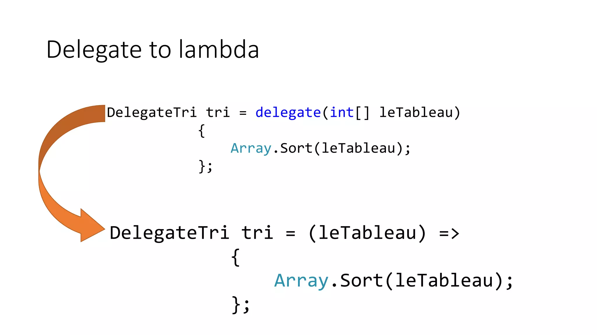 Delegate to lambda
DelegateTri tri = delegate(int[] leTableau)
{
Array.Sort(leTableau);
};
DelegateTri tri = (leTableau) =>
{
Array.Sort(leTableau);
};
 