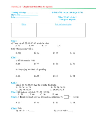 Tkbooks.vn – Chuyên sách tham khảo cho học sinh
Trường Tiểu học ……………..
Họ và tên: ..................................
Lớp:...