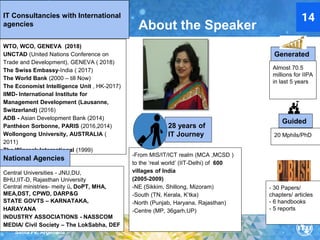 26-28 November
Santa Fe, Argentina
WTO, WCO, GENEVA (2018)
UNCTAD (United Nations Conference on
Trade and Development), GENEVA ( 2018)
The Swiss Embassy-India ( 2017)
The World Bank (2000 – till Now)
The Economist Intelligence Unit , HK-2017)
IIMD- International Institute for
Management Development (Lausanne,
Switzerland) (2016)
ADB - Asian Development Bank (2014)
Panthéon Sorbonne, PARIS (2016,2014)
Wollongong University, AUSTRALIA (
2011)
The Winrock International (1999)
Central Universities - JNU,DU,
BHU,IIT-D, Rajasthan University
Central ministries- meity ü, DoPT, MHA,
MEA,DST, CPWD, DARP&G
STATE GOVTS – KARNATAKA,
HARAYANA
INDUSTRY ASSOCIATIONS - NASSCOM
MEDIA/ Civil Society – The LokSabha, DEF
IT Consultancies with International
agencies
National Agencies
28 years of
IT Journey
-From MIS/IT/ICT realm (MCA ,MCSD )
to the ‘real world’ (IIT-Delhi) of 600
villages of India
(2005-2009)
-NE (Sikkim, Shillong, Mizoram)
-South (TN, Kerala, K’tka)
-North (Punjab, Haryana, Rajasthan)
-Centre (MP, 36garh,UP)
Almost 70.5
millions for IIPA
in last 5 years
20 Mphils/PhD
- 30 Papers/
chapters/ articles
- 6 handbooks
- 5 reports
Generated
Guided
About the Speaker
14
 