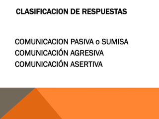 CLASIFICACION DE RESPUESTAS


COMUNICACION PASIVA o SUMISA
COMUNICACIÓN AGRESIVA
COMUNICACIÓN ASERTIVA
 