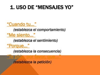 1. USO DE “MENSAJES YO”


“Cuando tu...”
   (establezca el comportamiento)
“Me siento...”
   (establezca el sentimiento)
“Porque...”
   (establezca la consecuencia)
“Te pido, por favor, que...”
   (establezca la petición)
 