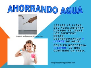 AHORRANDO AGUA¿Dejas la llave del aguaabiertacuandote lavas los dientes? Estásdesperdiciando5 litros de agua.Sóloesnecesaria¼ litro, lo quecontiene un vaso.Imagen: andreaagua.blogspot.comImagen:odontologiadental.com