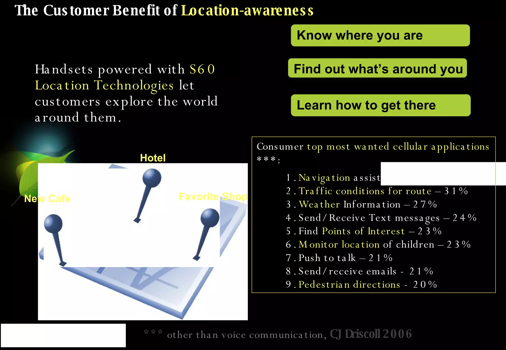 The Customer Benefit of  Location-awareness Handsets powered with  S60 Location Technologies  let customers explore the world around them. Know where you are Find out what’s around you Learn how to get there Consumer  top most wanted cellular applications  ***: 1.  Navigation  assistance - 33% 2.  Traffic conditions for route  – 31% 3.  Weather  Information – 27% 4. Send/Receive Text messages – 24% 5. Find  Points of Interest  – 23% 6.  Monitor location  of children – 23% 7. Push to talk – 21% 8. Send/receive emails - 21% 9.  Pedestrian directions  - 20% ***  other than voice communication,   CJ Driscoll 2006 Favorite Shop New Cafe Hotel 