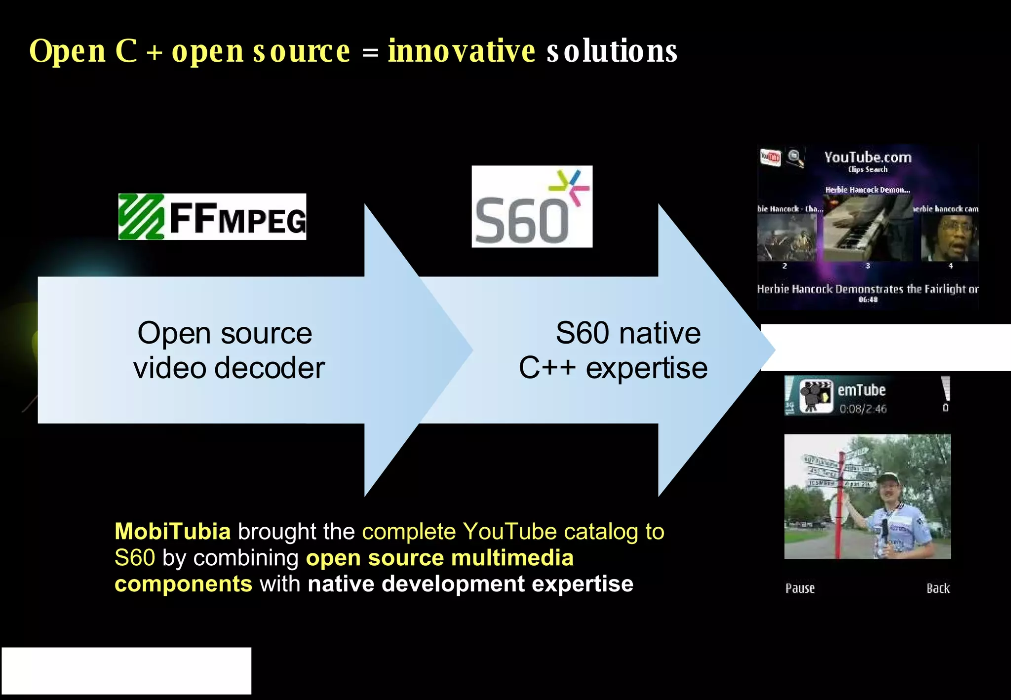 Open C + open source  =  innovative  solutions S60 native  C++ expertise Open source  video decoder MobiTubia  brought the  complete YouTube catalog to S60  by combining  open source multimedia components   with  native development expertise 