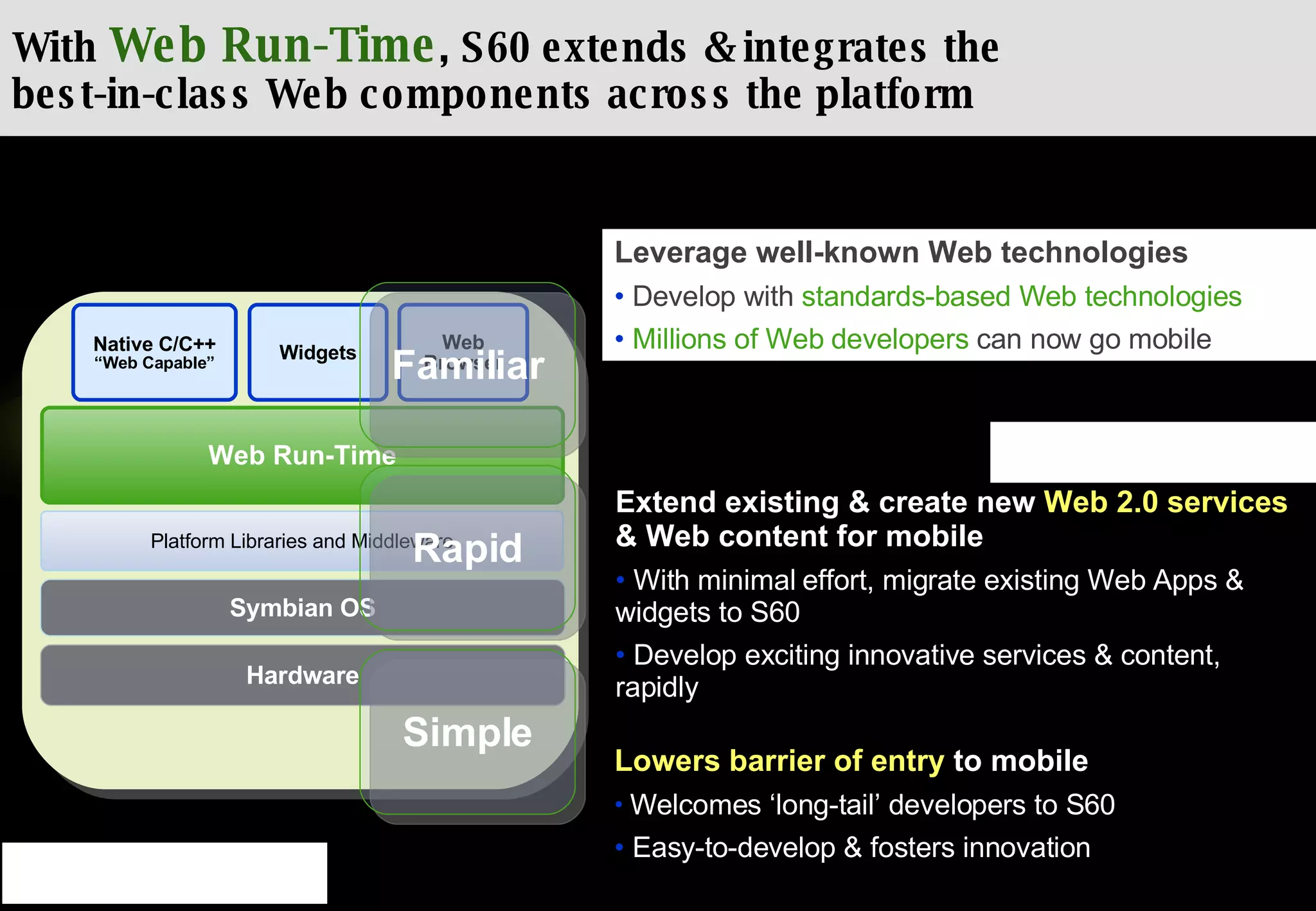 With  Web Run-Time , S60 extends & integrates the  best-in-class Web components across the platform Hardware Symbian OS Platform Libraries and Middleware Native C/C++ “Web Capable” Web Browser Widgets Leverage well-known Web technologies Develop with  standards-based Web technologies Millions of Web developers  can now go mobile Extend existing & create new  Web 2.0 services  & Web content for mobile With minimal effort, migrate existing Web Apps & widgets to S60 Develop exciting innovative services & content, rapidly Lowers barrier of entry  to mobile Welcomes ‘long-tail’ developers to S60 Easy-to-develop & fosters innovation Simple Web Run-Time Rapid Familiar 