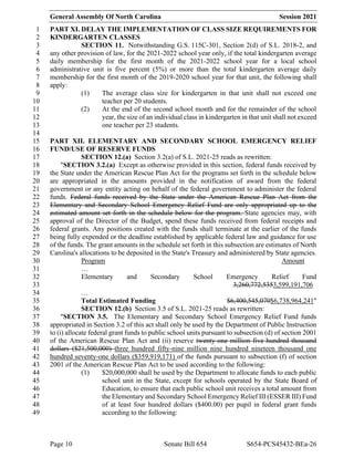 General Assembly Of North Carolina Session 2021
Page 10 Senate Bill 654 S654-PCS45432-BEa-26
PART XI. DELAY THE IMPLEMENTATION OF CLASS SIZE REQUIREMENTS FOR
1
KINDERGARTEN CLASSES
2
SECTION 11. Notwithstanding G.S. 115C-301, Section 2(d) of S.L. 2018-2, and
3
any other provision of law, for the 2021-2022 school year only, if the total kindergarten average
4
daily membership for the first month of the 2021-2022 school year for a local school
5
administrative unit is five percent (5%) or more than the total kindergarten average daily
6
membership for the first month of the 2019-2020 school year for that unit, the following shall
7
apply:
8
(1) The average class size for kindergarten in that unit shall not exceed one
9
teacher per 20 students.
10
(2) At the end of the second school month and for the remainder of the school
11
year, the size of an individual class in kindergarten in that unit shall not exceed
12
one teacher per 23 students.
13
14
PART XII. ELEMENTARY AND SECONDARY SCHOOL EMERGENCY RELIEF
15
FUND/USE OF RESERVE FUNDS
16
SECTION 12.(a) Section 3.2(a) of S.L. 2021-25 reads as rewritten:
17
"SECTION 3.2.(a) Except as otherwise provided in this section, federal funds received by
18
the State under the American Rescue Plan Act for the programs set forth in the schedule below
19
are appropriated in the amounts provided in the notification of award from the federal
20
government or any entity acting on behalf of the federal government to administer the federal
21
funds. Federal funds received by the State under the American Rescue Plan Act from the
22
Elementary and Secondary School Emergency Relief Fund are only appropriated up to the
23
estimated amount set forth in the schedule below for the program. State agencies may, with
24
approval of the Director of the Budget, spend these funds received from federal receipts and
25
federal grants. Any positions created with the funds shall terminate at the earlier of the funds
26
being fully expended or the deadline established by applicable federal law and guidance for use
27
of the funds. The grant amounts in the schedule set forth in this subsection are estimates of North
28
Carolina's allocations to be deposited in the State's Treasury and administered by State agencies.
29
Program Amount
30
…
31
Elementary and Secondary School Emergency Relief Fund
32
3,260,772,5353,599,191,706
33
…
34
Total Estimated Funding $6,400,545,070$6,738,964,241"
35
SECTION 12.(b) Section 3.5 of S.L. 2021-25 reads as rewritten:
36
"SECTION 3.5. The Elementary and Secondary School Emergency Relief Fund funds
37
appropriated in Section 3.2 of this act shall only be used by the Department of Public Instruction
38
to (i) allocate federal grant funds to public school units pursuant to subsection (d) of section 2001
39
of the American Rescue Plan Act and (ii) reserve twenty-one million five hundred thousand
40
dollars ($21,500,000) three hundred fifty-nine million nine hundred nineteen thousand one
41
hundred seventy-one dollars ($359,919,171) of the funds pursuant to subsection (f) of section
42
2001 of the American Rescue Plan Act to be used according to the following:
43
(1) $20,000,000 shall be used by the Department to allocate funds to each public
44
school unit in the State, except for schools operated by the State Board of
45
Education, to ensure that each public school unit receives a total amount from
46
the Elementary and Secondary School Emergency Relief III (ESSER III) Fund
47
of at least four hundred dollars ($400.00) per pupil in federal grant funds
48
according to the following:
49
 