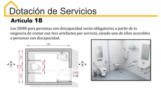 Artículo 18
Los SSHH para personas con discapacidad serán obligatorios a partir de la
exigencia de contar con tres artefactos por servicio, siendo uno de ellos accesibles
a personas con discapacidad.
Dotación de Servicios
 