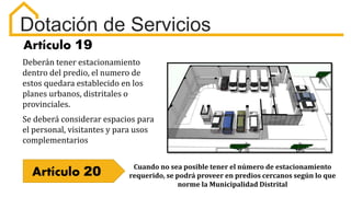 Artículo 19
Deberán tener estacionamiento
dentro del predio, el numero de
estos quedara establecido en los
planes urbanos, distritales o
provinciales.
Se deberá considerar espacios para
el personal, visitantes y para usos
complementarios
Artículo 20
Dotación de Servicios
Cuando no sea posible tener el número de estacionamiento
requerido, se podrá proveer en predios cercanos según lo que
norme la Municipalidad Distrital
 