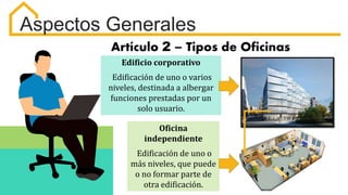Aspectos Generales
Artículo 2 – Tipos de Oficinas
Oficina
independiente
Edificación de uno o
más niveles, que puede
o no formar parte de
otra edificación.
Edificio corporativo
Edificación de uno o varios
niveles, destinada a albergar
funciones prestadas por un
solo usuario.
 