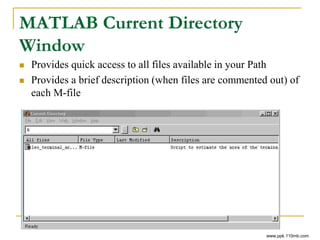 MATLAB Current Directory
Window
 Provides quick access to all files available in your Path
 Provides a brief description (when files are commented out) of
each M-file
www.ppk.110mb.com
 