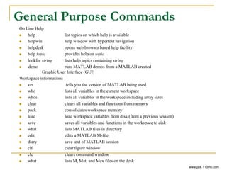General Purpose Commands
On Line Help
 help list topics on which help is available
 helpwin help window with hypertext navigation
 helpdesk opens web browser based help facility
 help topic provides help on topic
 lookfor string lists help topics containing string
 demo runs MATLAB demos from a MATLAB created
Graphic User Interface (GUI)
Workspace informations
 ver tells you the version of MATLAB being used
 who lists all variables in the current workspace
 whos lists all variables in the workspace including array sizes
 clear clears all variables and functions from memory
 pack consolidates workspace memory
 load load workspace variables from disk (from a previous session)
 save saves all variables and functions in the workspace to disk
 what lists MATLAB files in directory
 edit edits a MATLAB M-file
 diary save text of MATLAB session
 clf clear figure window
 clc clears command window
 what lists M, Mat, and Mex files on the desk
www.ppk.110mb.com
 