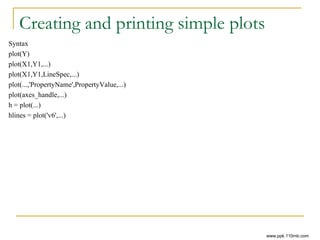 Creating and printing simple plots
Syntax
plot(Y)
plot(X1,Y1,...)
plot(X1,Y1,LineSpec,...)
plot(...,'PropertyName',PropertyValue,...)
plot(axes_handle,...)
h = plot(...)
hlines = plot('v6',...)
www.ppk.110mb.com
 